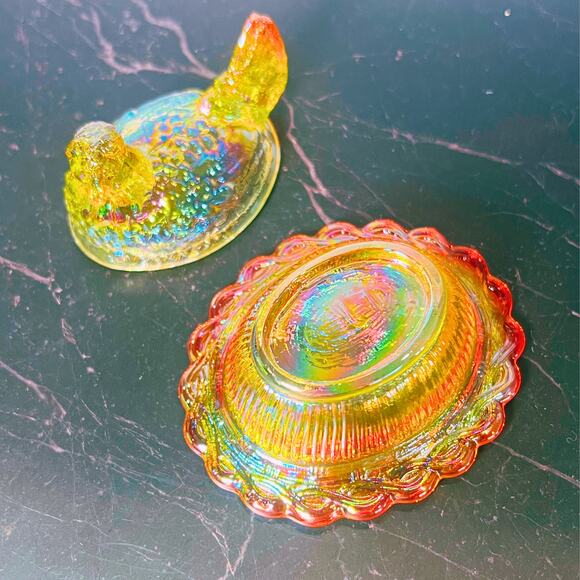 Mini Marigold Carnival Glass Hen on Nest | Iridescent Covered Chicken Dish - Picture 6 of 8